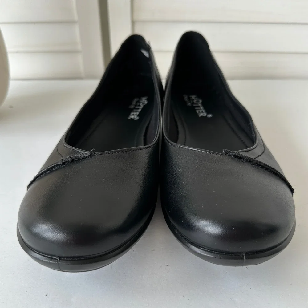 Hotter Robyn II Black Leather Ballerina Flats Size 10 Dual Fit Comfort Shoes